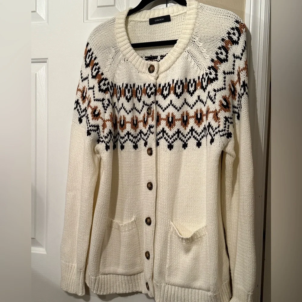 Chaps Cream Fair Isle Button-Front Cardigan Sweater